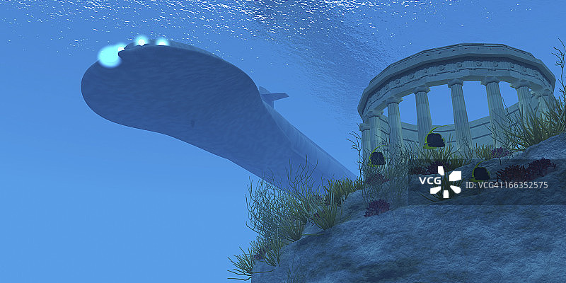一艘潜水艇经过一座希腊神庙废墟，附近有海洋生物。图片素材