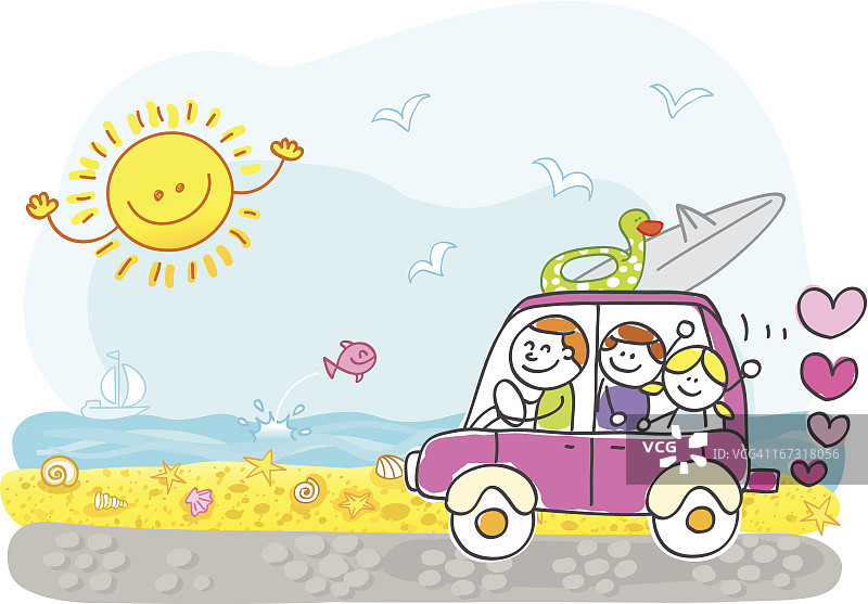 快乐的家庭骑到夏日海滩卡通插图图片素材