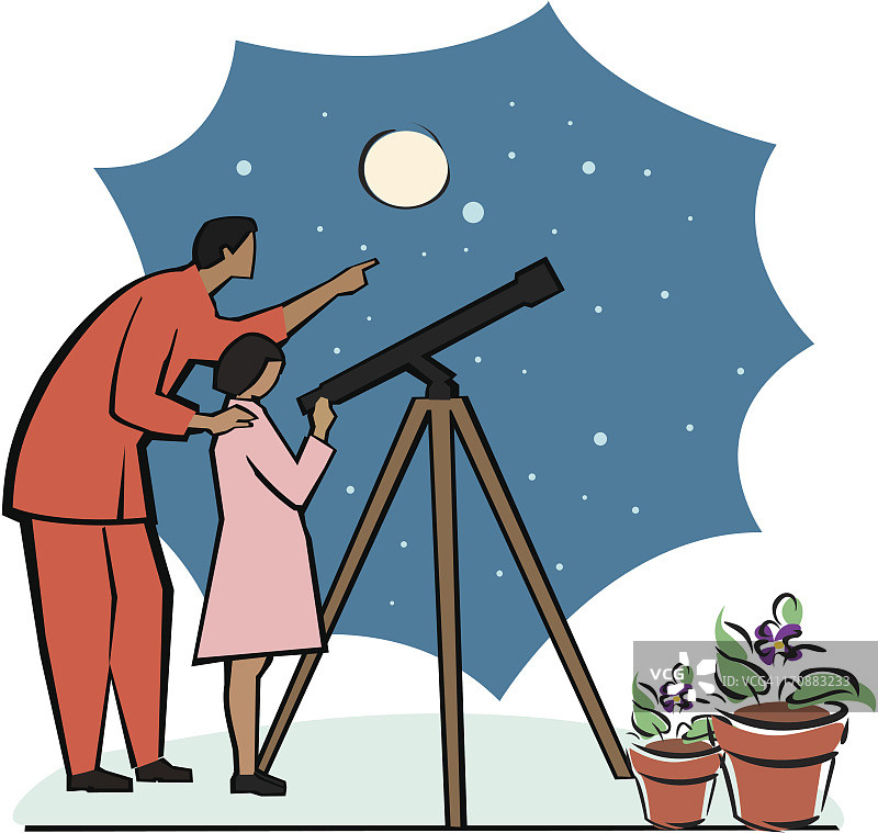 一个男人和他的女儿在用天文望远镜看图片素材