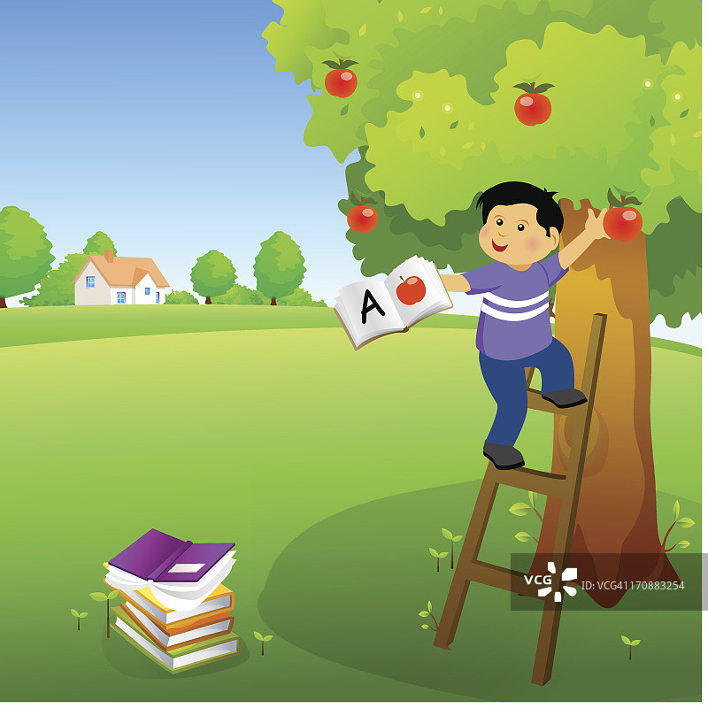 男孩拿着一本书爬上了一棵苹果树图片素材