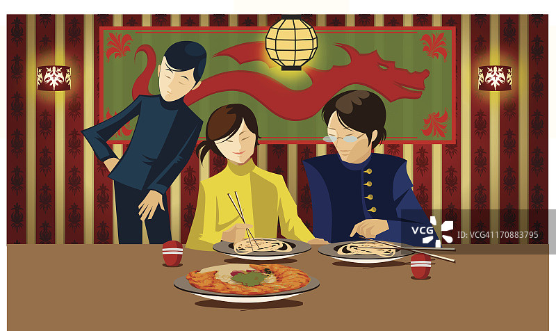 在一家中国餐馆里为一对夫妇服务的服务员图片素材