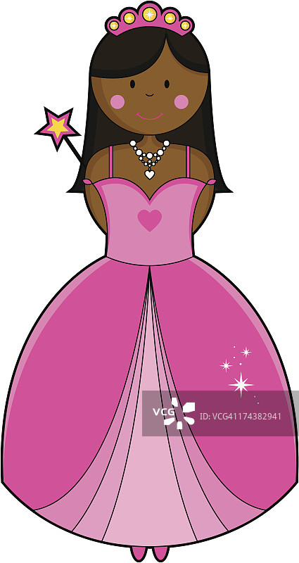 可爱的黑色公主女孩在舞会礼服裙与魔杖。图片素材