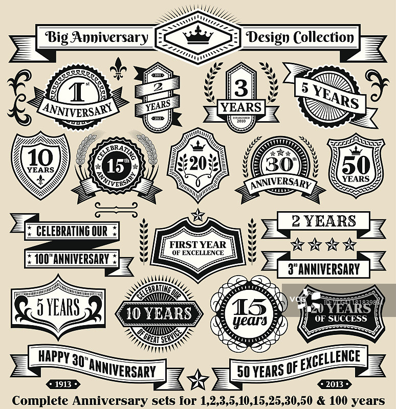 周年设计系列黑白横幅，徽章和符号图片素材