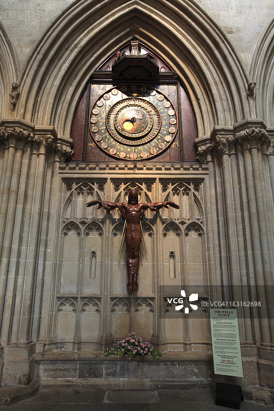 威尔斯钟，在主通道威尔斯大教堂图片素材
