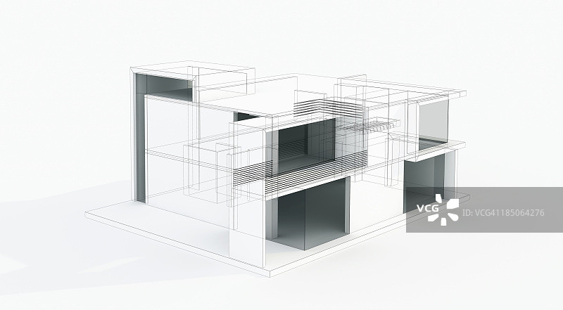 现代房屋3D模型概念。线框。呈现。图片素材