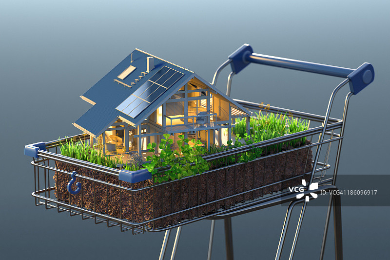 草地上的房子模型，放在购物车里图片素材