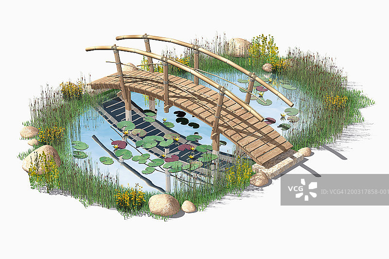 木桥池塘(数码)图片素材