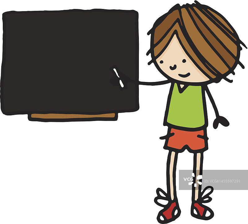 男孩用粉笔在空白的黑板旁边图片素材