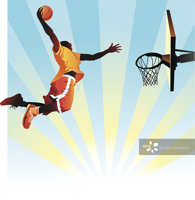 篮球运动员灌篮在蓝色背景图片素材