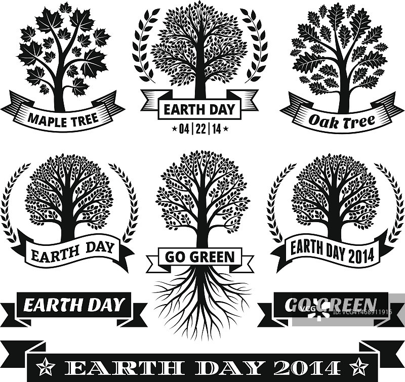 地球日版税免费向量与树旗帜和徽章图片素材