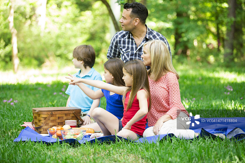夏天一家人喜欢在户外野餐。公园或院子里。图片素材