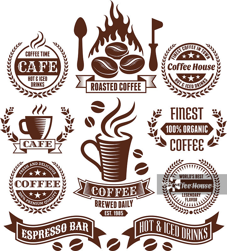 咖啡和咖啡馆优雅向量向量图标和标签集合图片素材