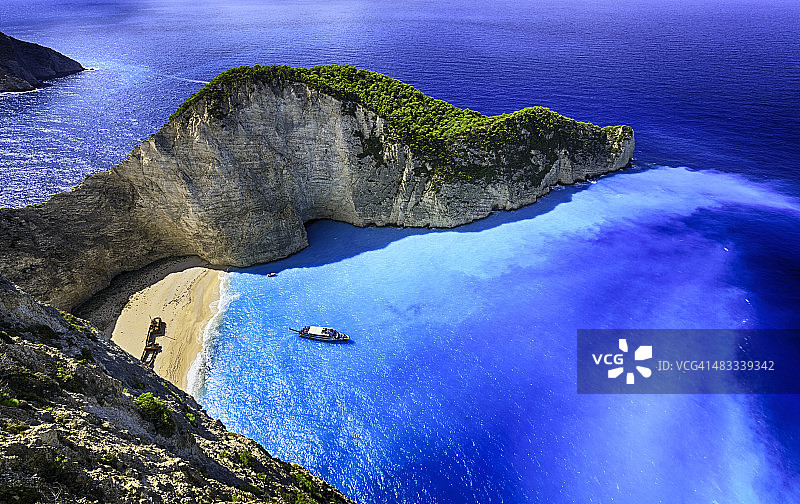 纳瓦吉奥海滩(沉船海滩)，扎金索斯岛，希腊。ProPhoto RGB。图片素材