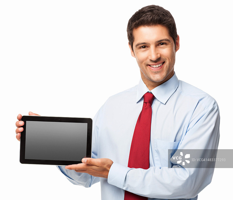 商人呈现一个空白屏幕数字平板电脑-孤立图片素材