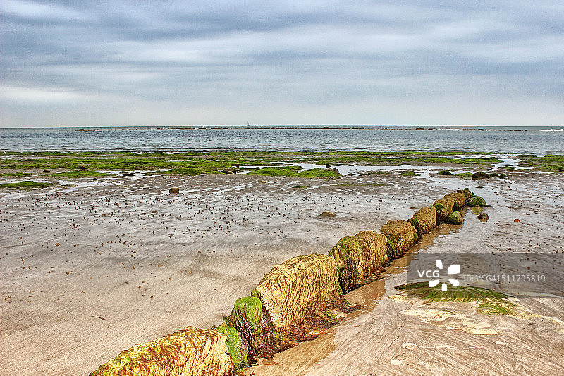 防波堤上覆盖着海藻图片素材