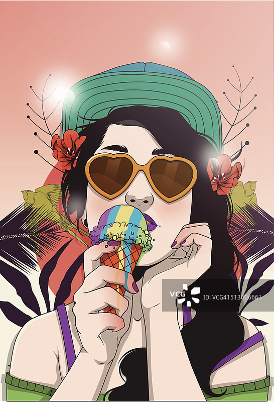 插图的女人吃冰淇淋在一个晴朗的日子图片素材