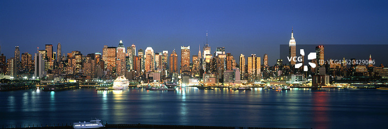 曼哈顿的天际线和晚上的哈德逊河，纽约，美国图片素材