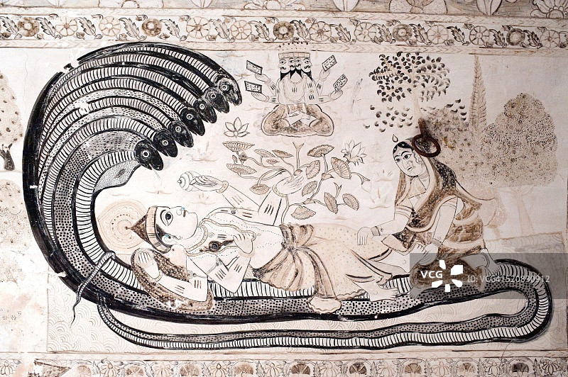 印度中央邦，Tikamgarh, Orchha, Lakshminarayan寺庙的毗瑟奴壁画图片素材