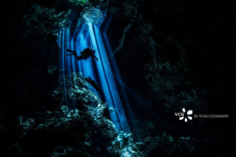 黑暗的水下洞穴中的光线图片素材