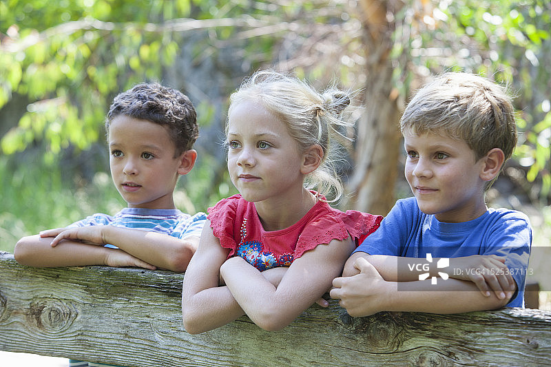 三个孩子倚在篱笆上望向别处图片素材