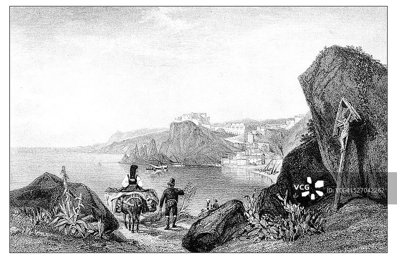 古代地中海风景插图:锡拉，卡拉布里亚图片素材