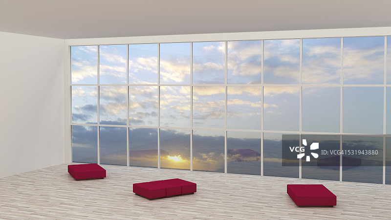 空旷宽敞的房间，透过窗户望向夕阳图片素材