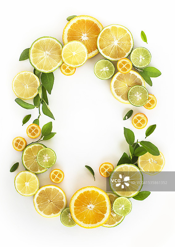 由柑橘类果实和叶子组成的椭圆形装饰。图片素材