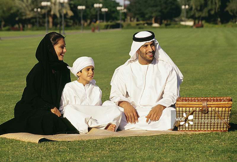 一个男孩和他的父母在公园里享受郊游。图片素材