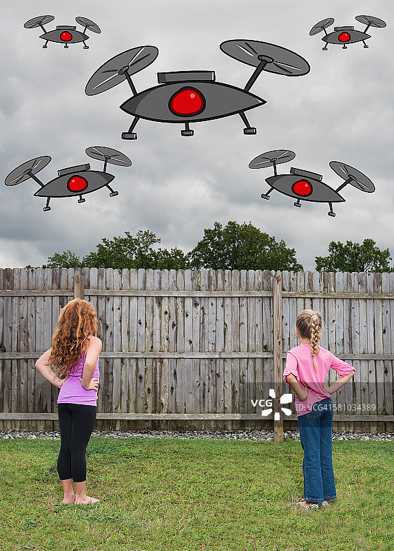 有插图的无人机飞过后院图片素材