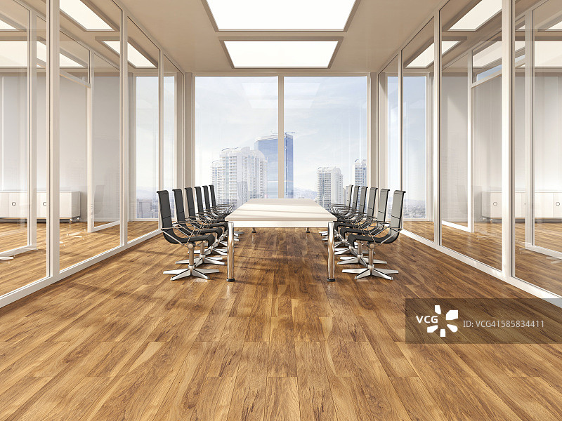 现代会议室，镶木地板，3D渲染图片素材