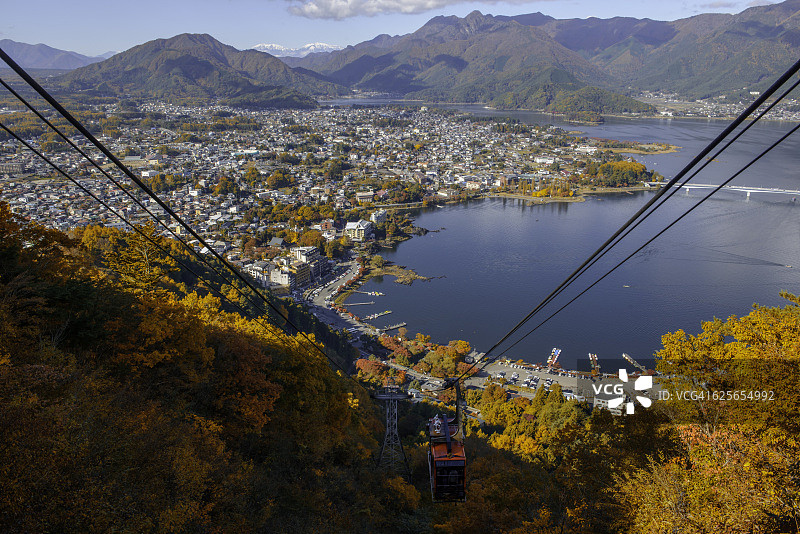 城市里的川口湖和山的缆车图片素材