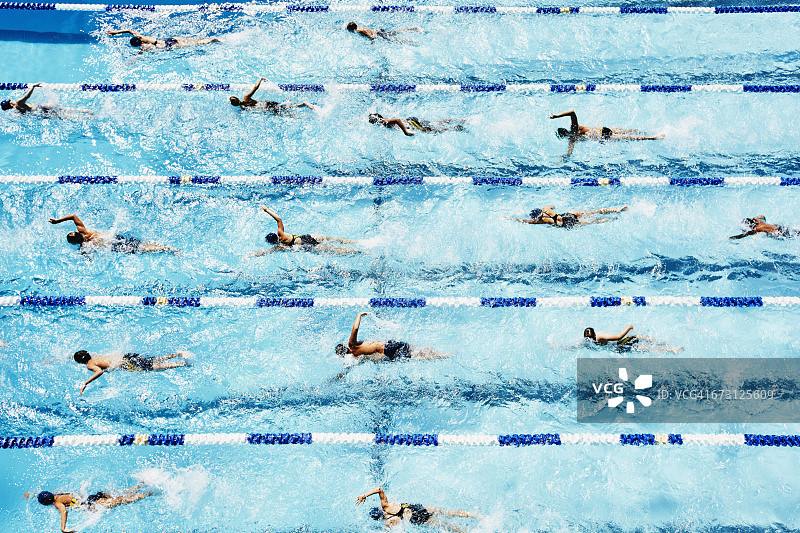 游泳者在游泳池里朝同一个方向游泳图片素材