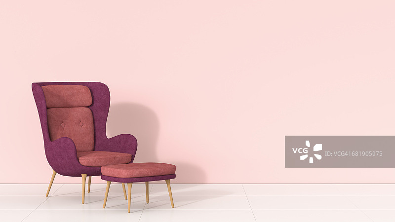 靠在粉红色墙壁上的复古风格扶手椅和凳子图片素材