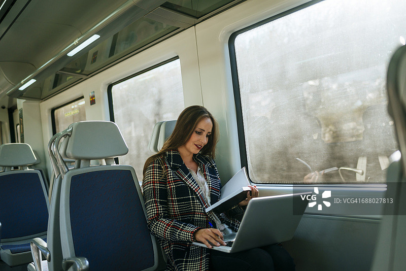 在火车上带着笔记本电脑的女商人图片素材