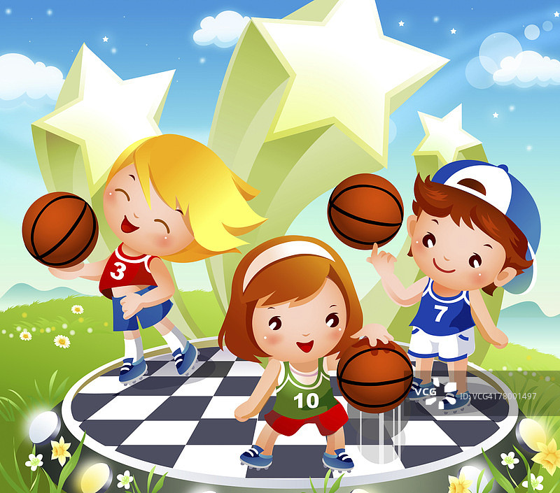 两个男孩和一个女孩在打篮球图片素材