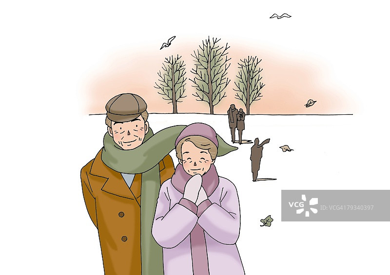 老年夫妇在冬天，插图，正面视图图片素材