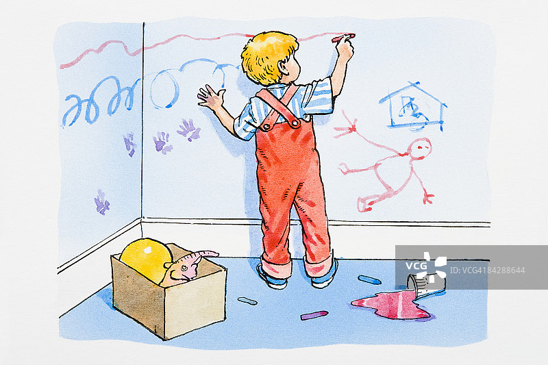 画中的男孩在凌乱的房间里用红蜡笔在墙上乱涂乱画，粉红色的颜料洒在后面的地板上图片素材