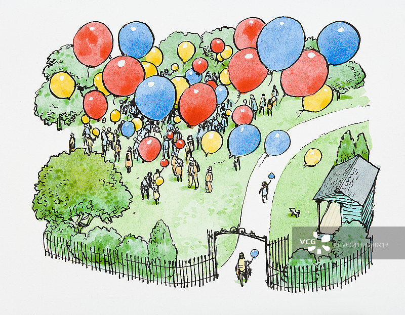 一群人站在公园里，向空中放飞彩色气球图片素材