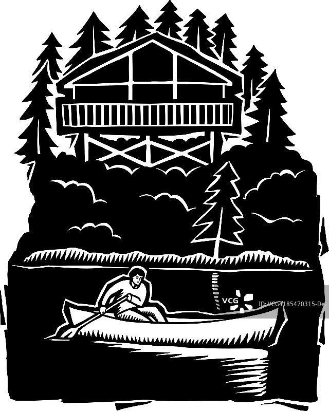 一个划独木舟的人，后面是房子和森林图片素材