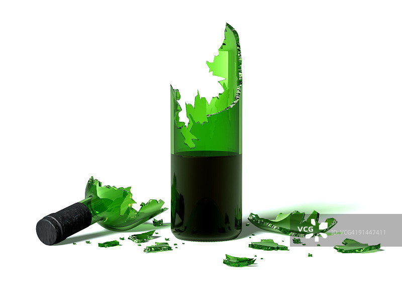 白色背景上的绿色碎玻璃酒瓶图片素材