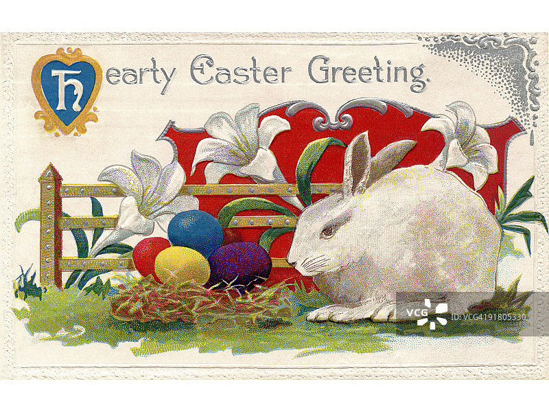 一张古老的复活节明信片，上面有百合花、白兔和复活节彩蛋图片素材