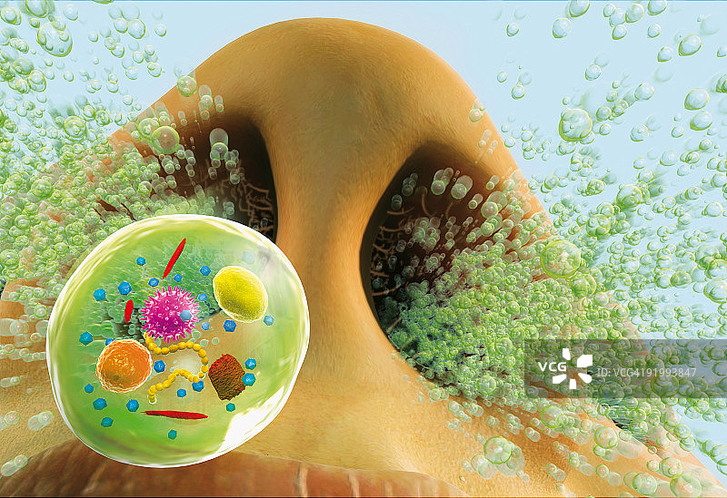 数码插图显示从打喷嚏的鼻子喷溅的粘液，与近距离的花粉图片素材