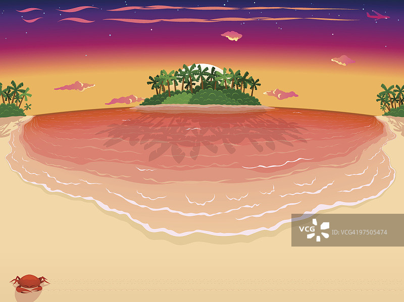 日落热带海滩和岛屿-可见太阳版本，宽图片素材