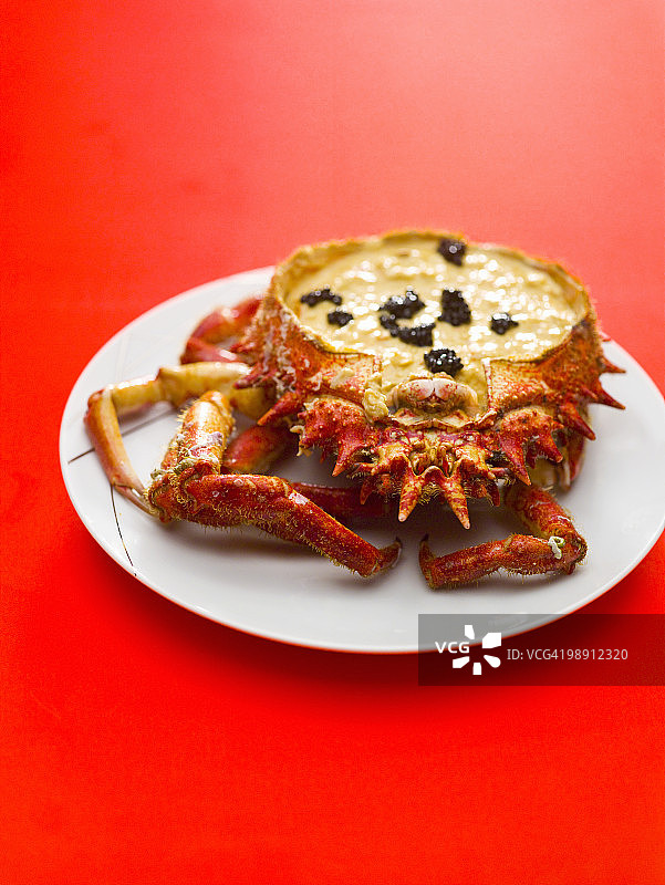 盘子里的蜘蛛蟹，红色背景图片素材