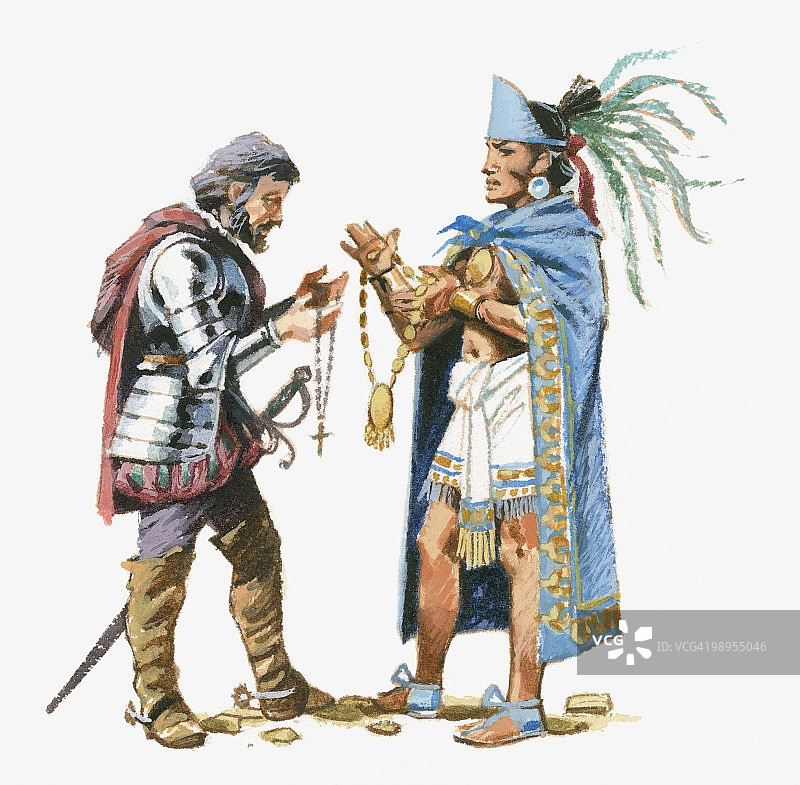 阿兹特克国王蒙特祖玛与科尔特斯交换礼物的插图图片素材