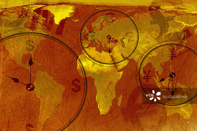 程式化的世界地图与时钟与金钱符号叠加图片素材