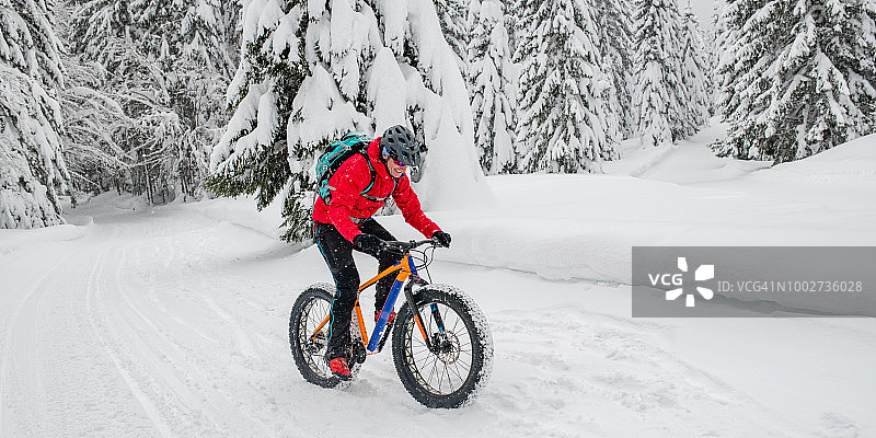 一个胖子在雪地上骑自行车穿过冬天的森林图片素材