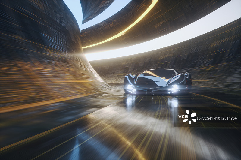 在地下隧道中超速行驶的通用未来主义跑车图片素材