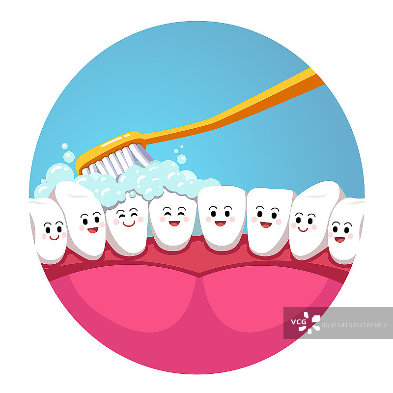 健康牙齿卫生理念。牙刷刷嘴内字微笑的牙齿。平的孤立的向量图片素材