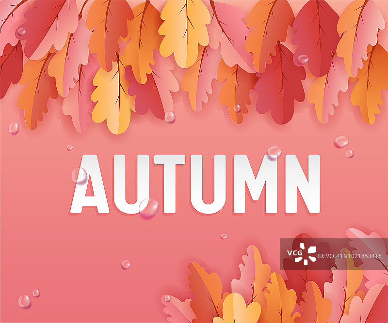 秋天贺卡与美丽的叶子和雨滴，背景布局装饰与纸艺术，秋天插图为网络横幅，模板，墙纸，封面，邀请在矢量图片素材